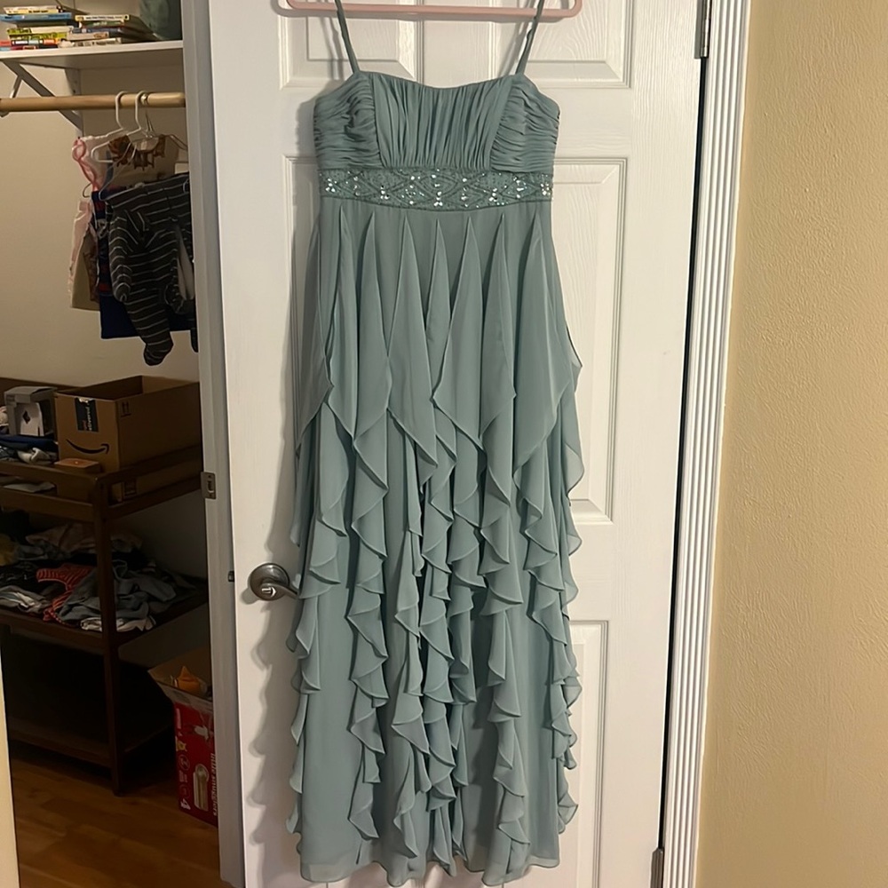 Ruffle Floor Length Gown with Beaded Waist